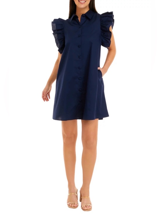 crown & ivy Dresses & Skirts - Crown & Ivy Navy Ruffle-Sleeve Button Down Shirt Dress